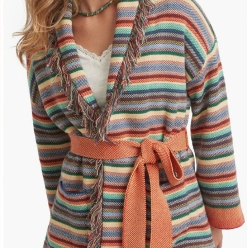 Marine Layer Sweater, Fringe/Multi Striped Cardigan, Belted, M, Great!